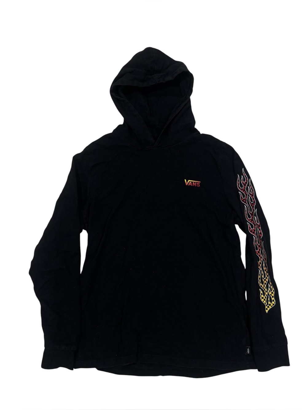 Vans Youth Boys Girls Checker Flame Sleeve Black Hoodie Hooded Long Slv Shirt L